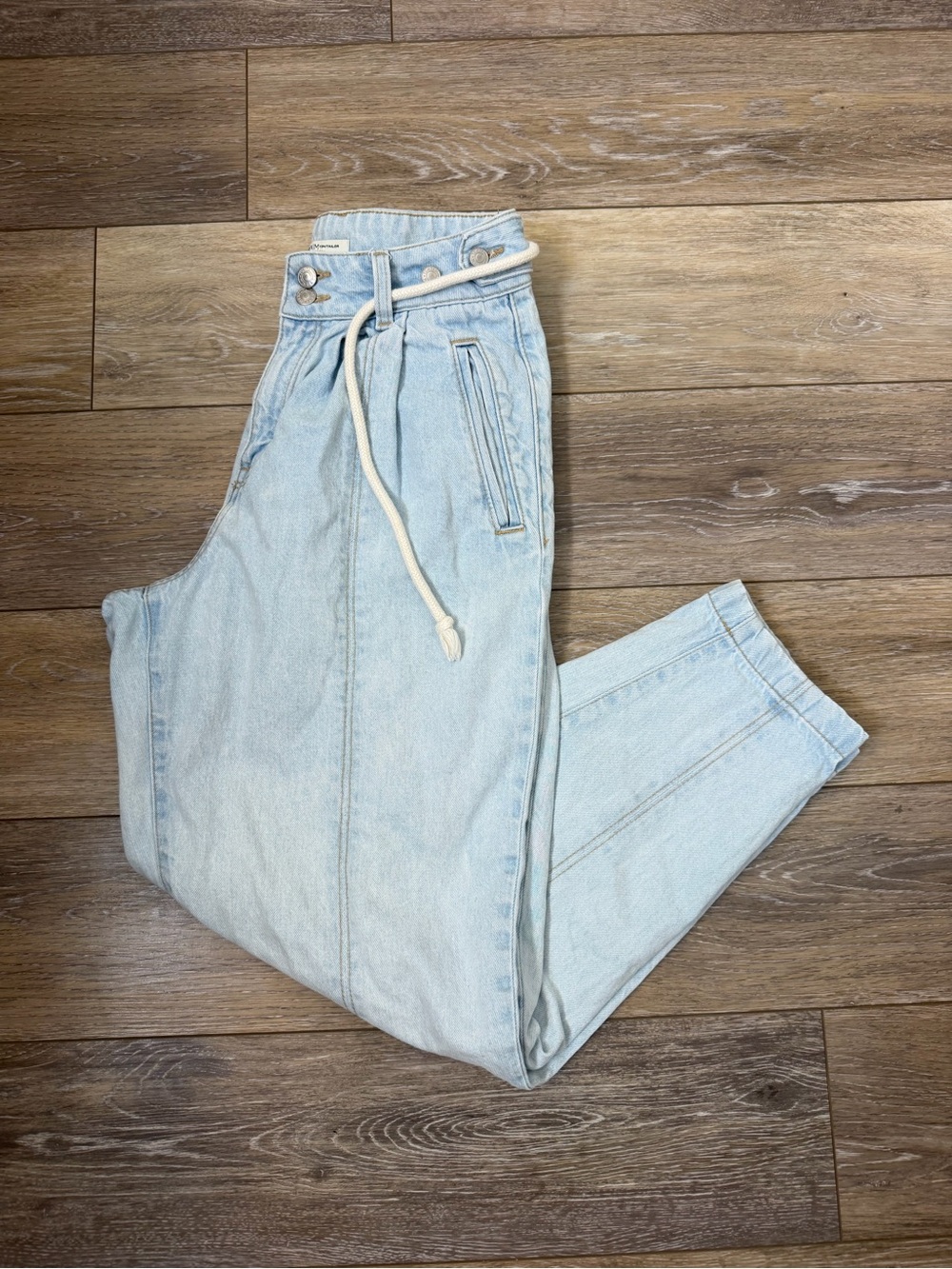 Denim Tom Tailer Light Wash High-Waist Tapered Jeans with Drawstring Sz XS